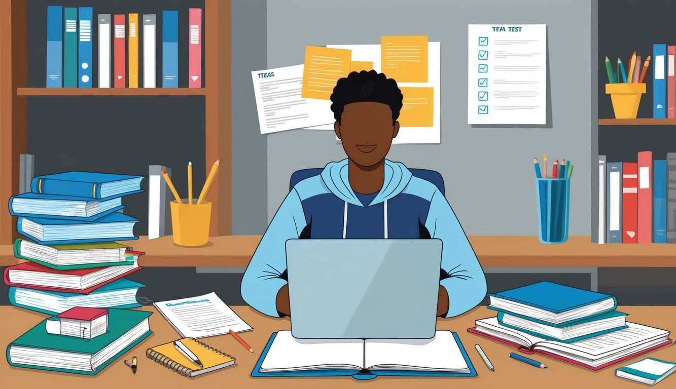 A person sitting at a desk with books, notes, and a laptop, surrounded by study materials for the TEAS test