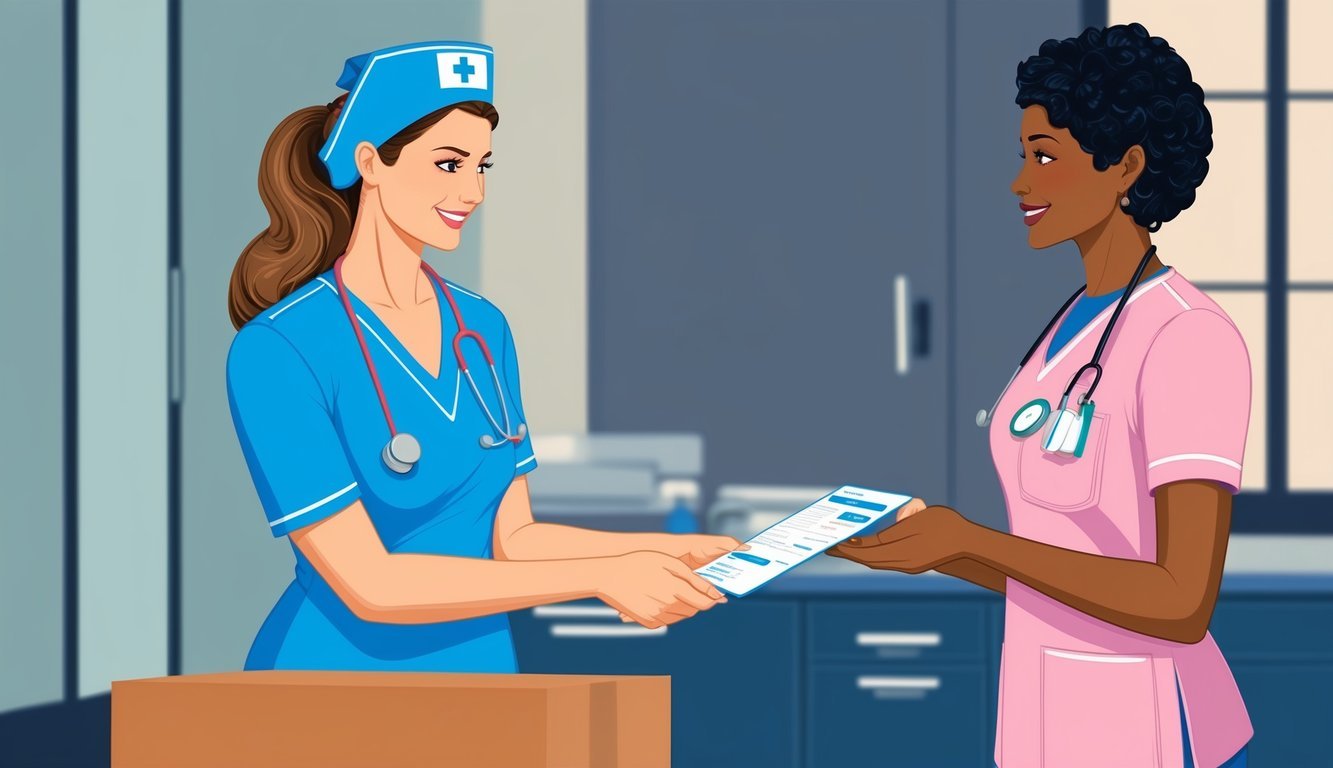 A nurse handing over patient care information to another nurse at shift change