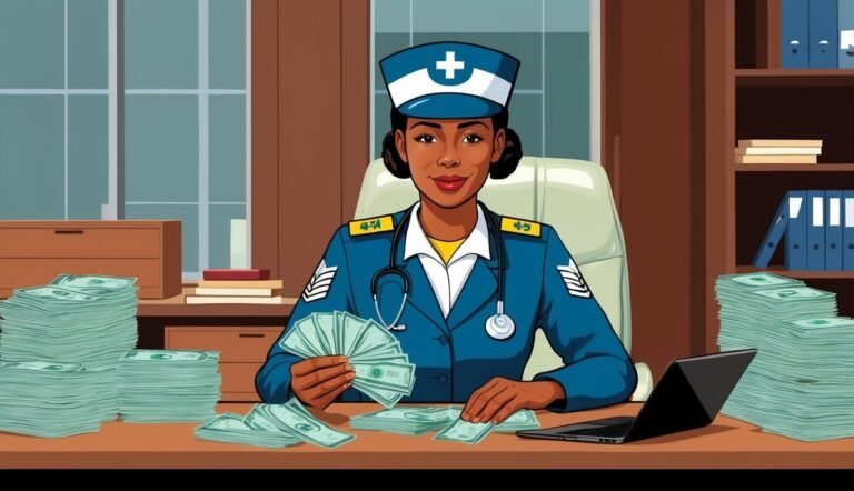 Nurse in uniform surrounded by stacks of money at a desk