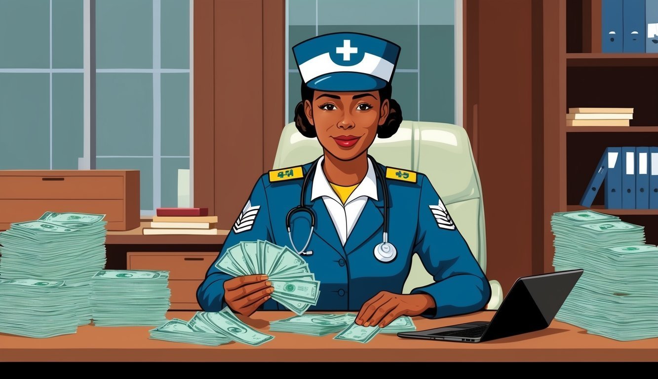 Nurse in uniform surrounded by stacks of money at a desk