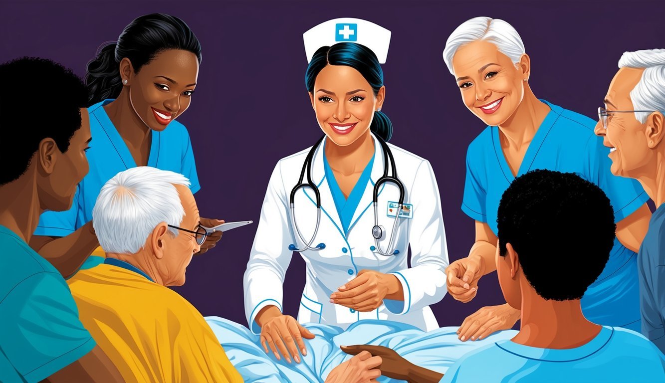 A nurse surrounded by a group of patients, providing care and answering questions