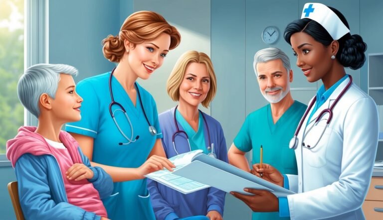 Five medical professionals reviewing paperwork with a young patient