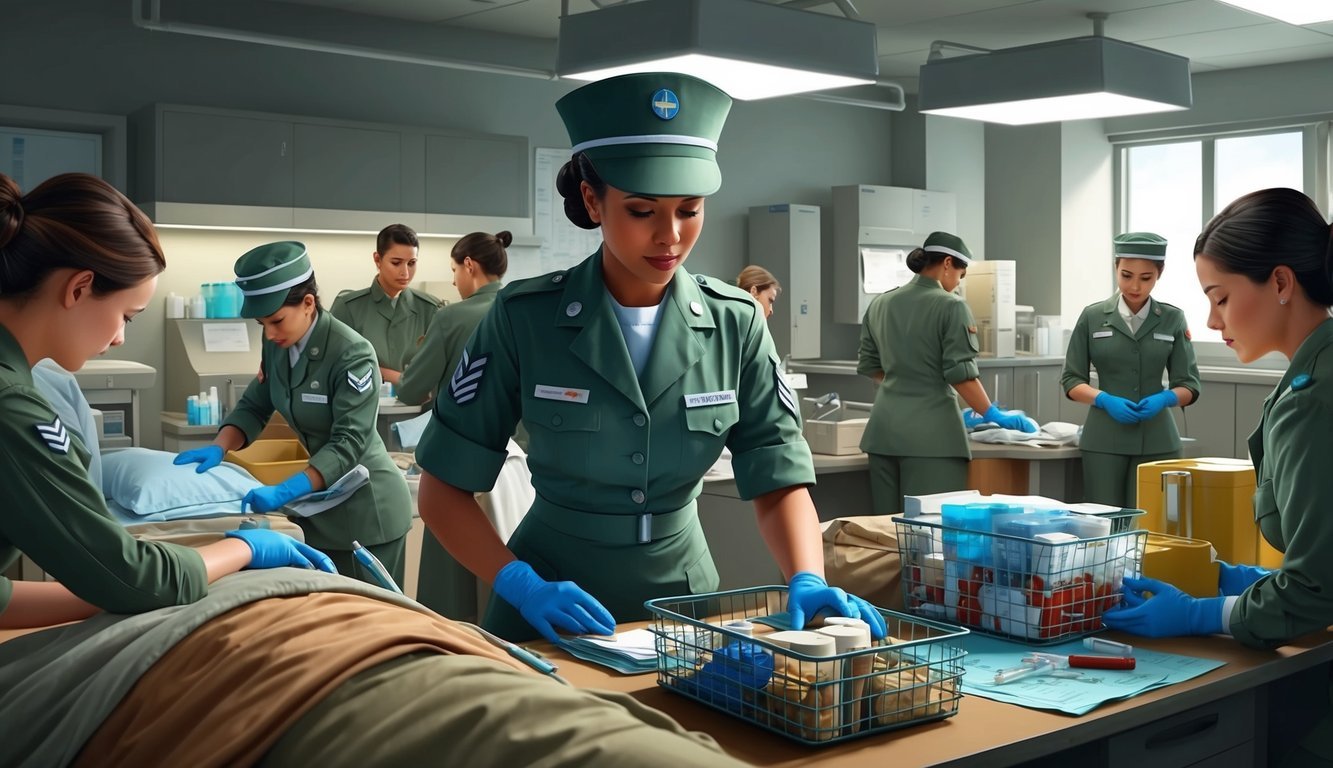 A military nurse in uniform works at a busy medical station, tending to patients and organizing medical supplies