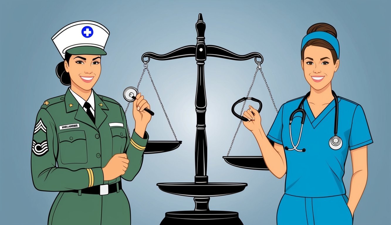 A military nurse in uniform standing next to a civilian nurse in scrubs, both holding stethoscopes, with a scale in the background representing salary comparison