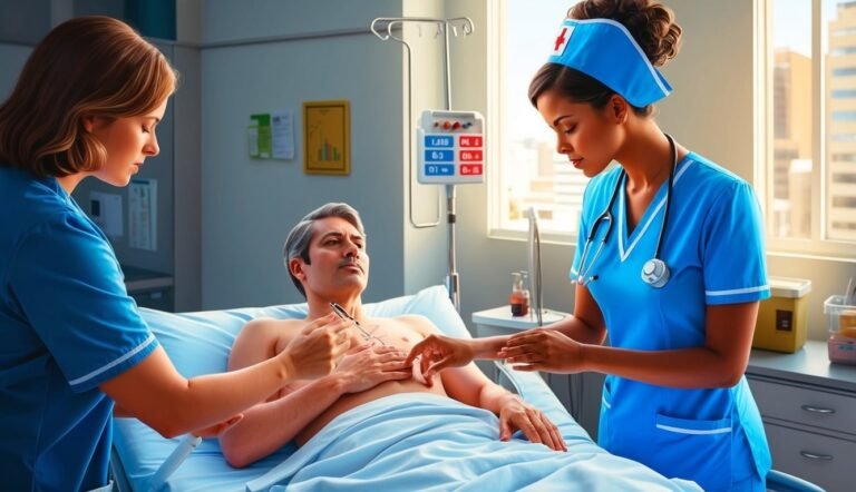 Two nurses tending to a patient in a hospital bed