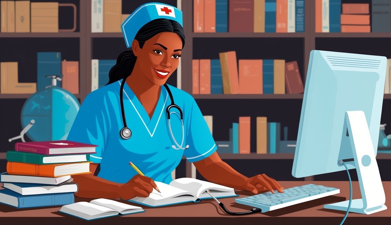 Nurse in uniform working at a desk with books and a computer