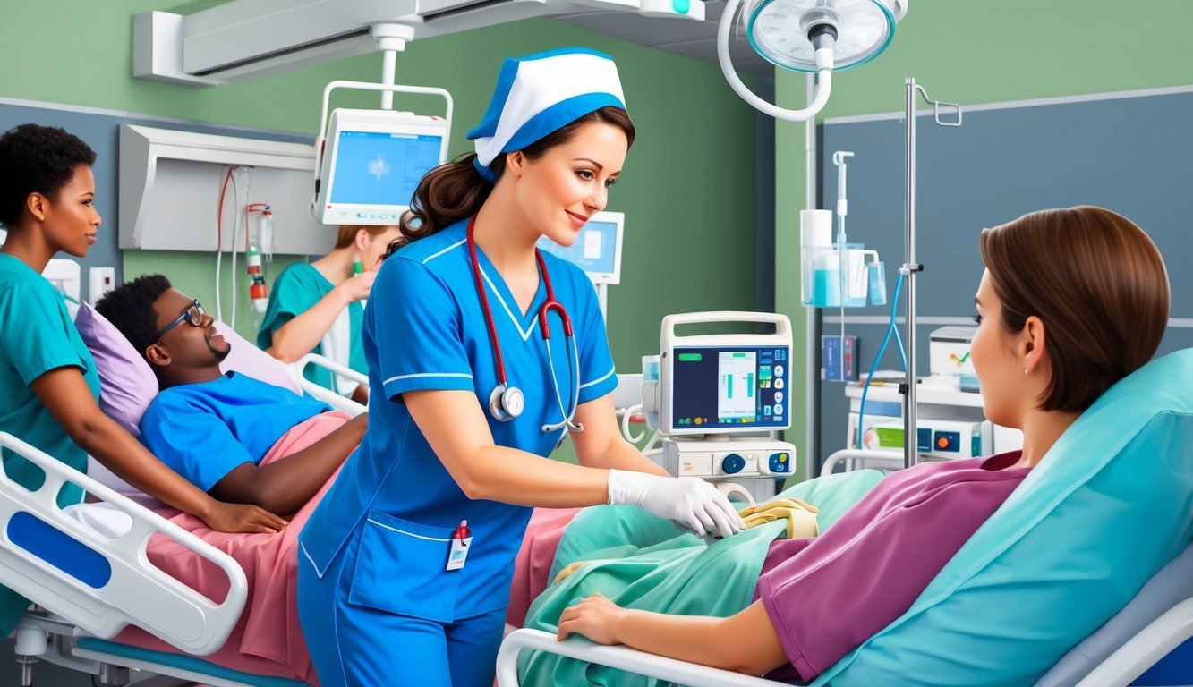 A nurse in Virginia caring for patients in a hospital setting, wearing scrubs and using medical equipment