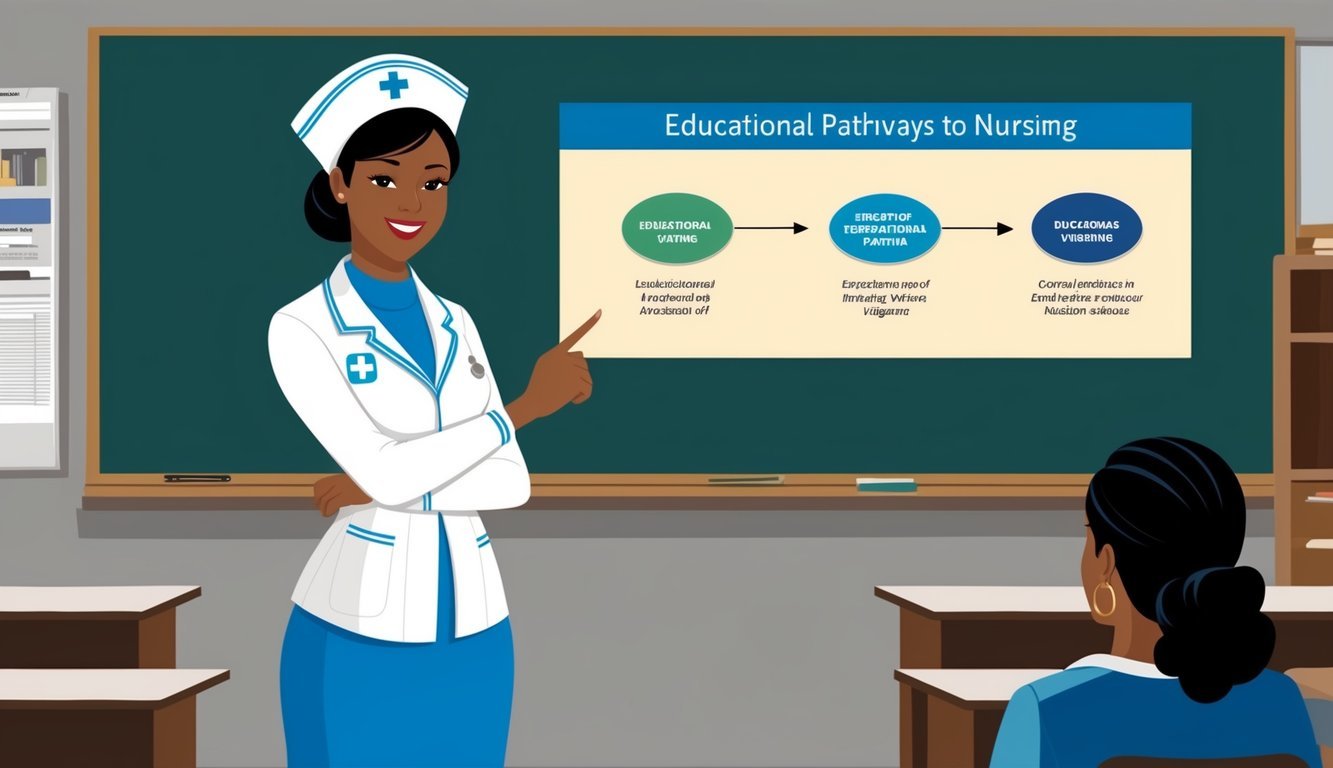 A nurse in a traditional white uniform stands in front of a classroom, pointing to a diagram of the educational pathways to nursing in Virginia