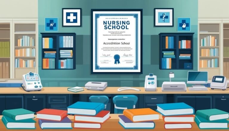 Nursing school classroom with accreditation certificate, books, and medical equipment