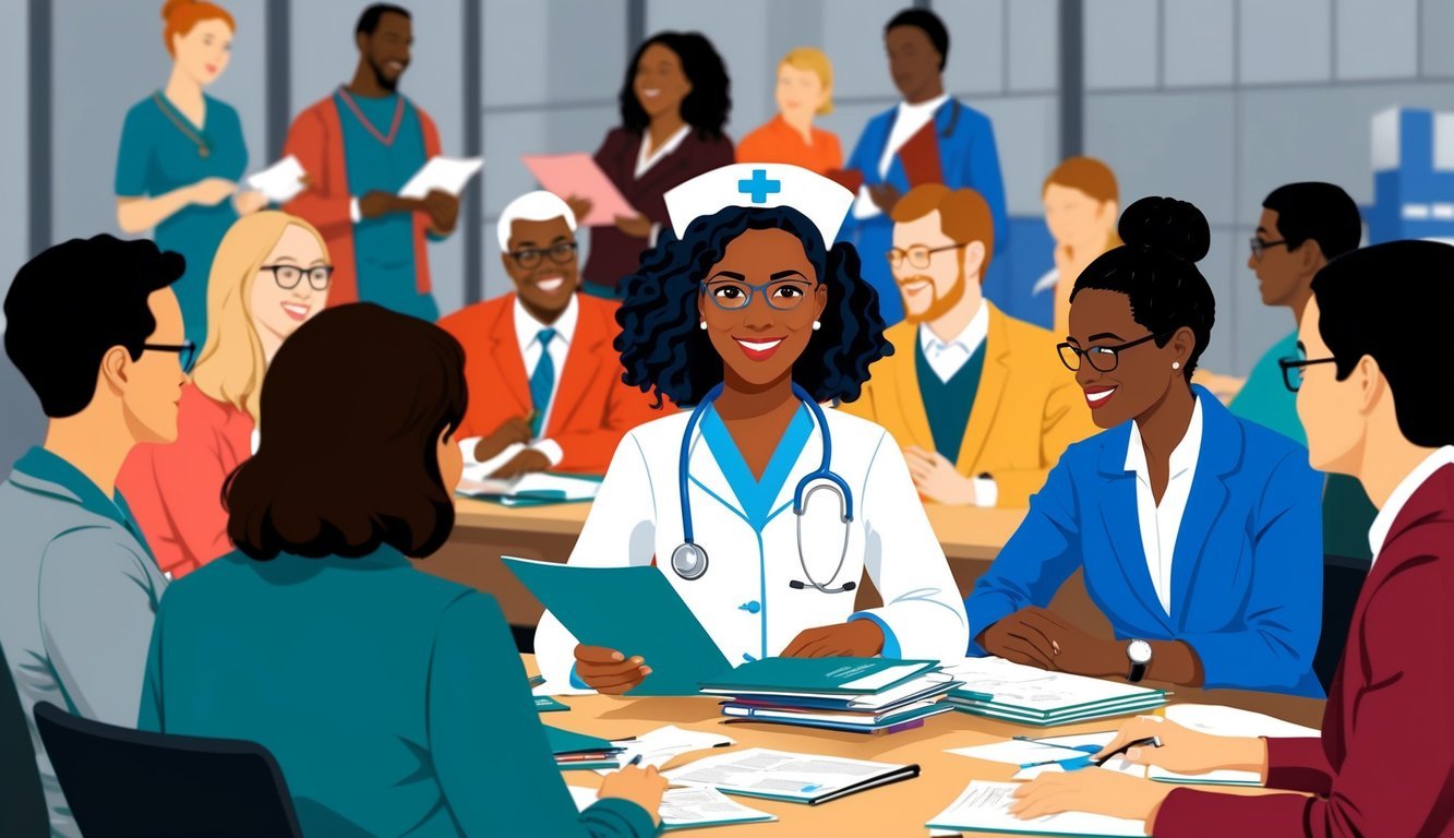 A nurse in Virginia attending a professional development workshop with colleagues, surrounded by resource materials and networking with peers