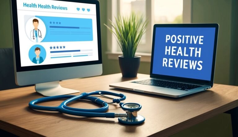 Desktop computer and laptop with health reviews, stethoscope on desk