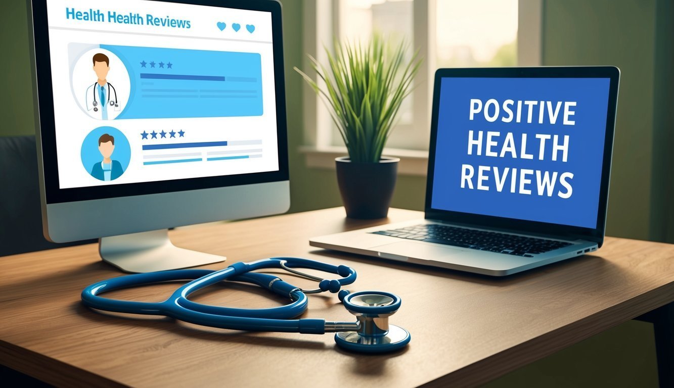 Desktop computer and laptop with health reviews, stethoscope on desk