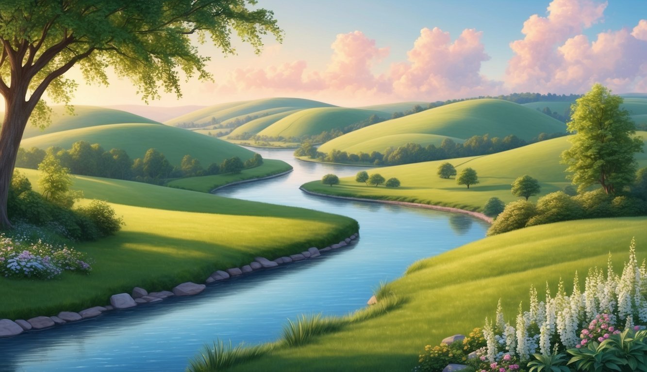 A serene landscape with rolling hills and a winding river, surrounded by lush greenery and blooming flowers