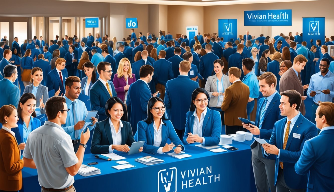 A bustling job fair at Vivian Health, with eager candidates and recruiters networking and exchanging information