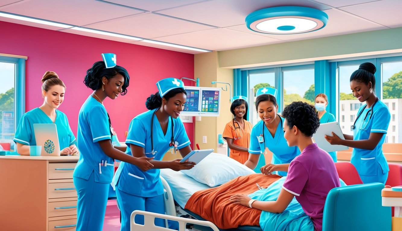 A travel nurse in a vibrant hospital setting, caring for patients and collaborating with medical staff
