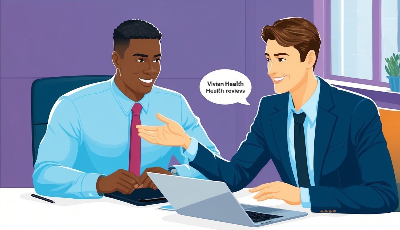 A recruiter interacts with a candidate, offering support and discussing Vivian Health reviews