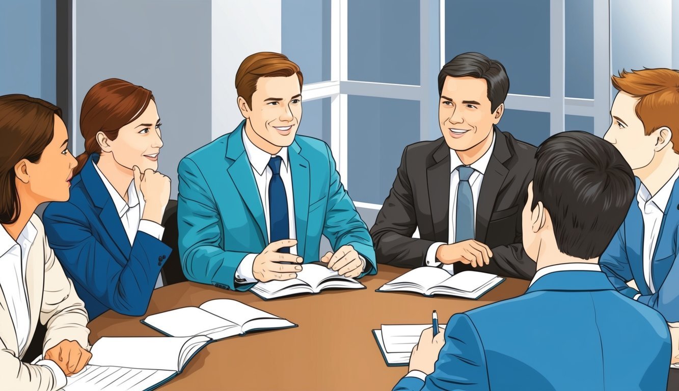 A group of people engaged in a discussion, with one person giving feedback and the others listening attentively.</p><p>The setting is professional and focused, with an atmosphere of open communication