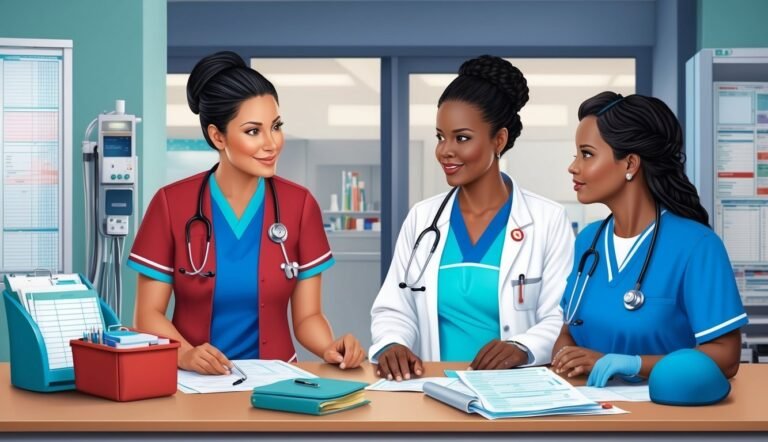 Three female nurses in scrubs discussing paperwork at a desk