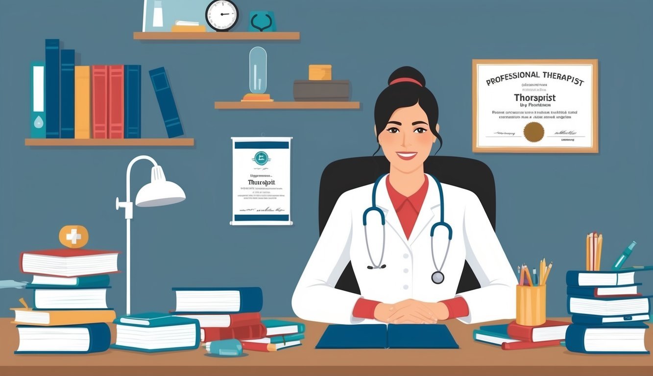 A therapist sitting at a desk surrounded by books and medical equipment, with a diploma and certification displayed on the wall