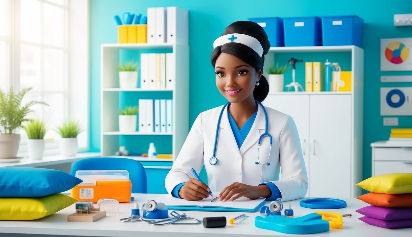An occupational therapy nurse working in a bright, organized office, surrounded by equipment and tools for assisting patients