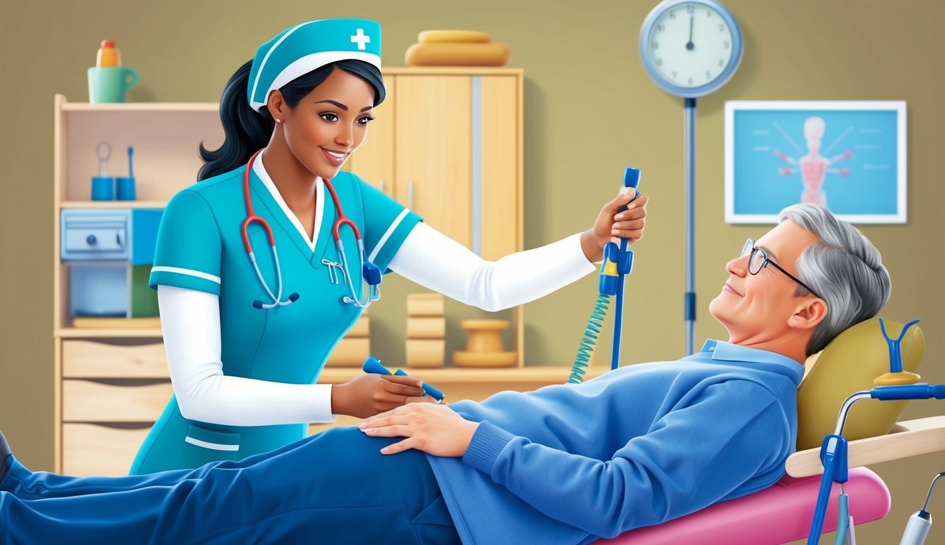 An occupational therapy nurse conducting a therapy session with a patient, using various tools and equipment to assist in rehabilitation