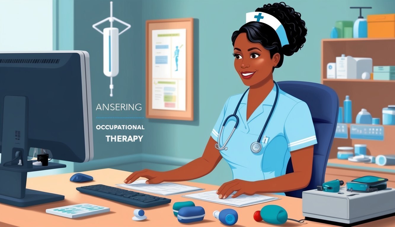 An occupational therapy nurse answering questions at a desk with a computer and various medical equipment nearby