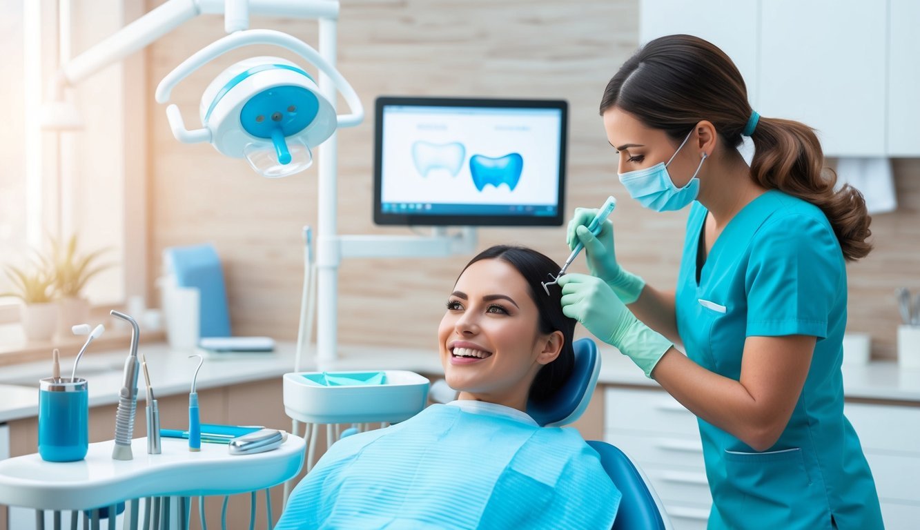 A dental hygienist cleaning and examining teeth with dental tools and equipment in a modern dental office