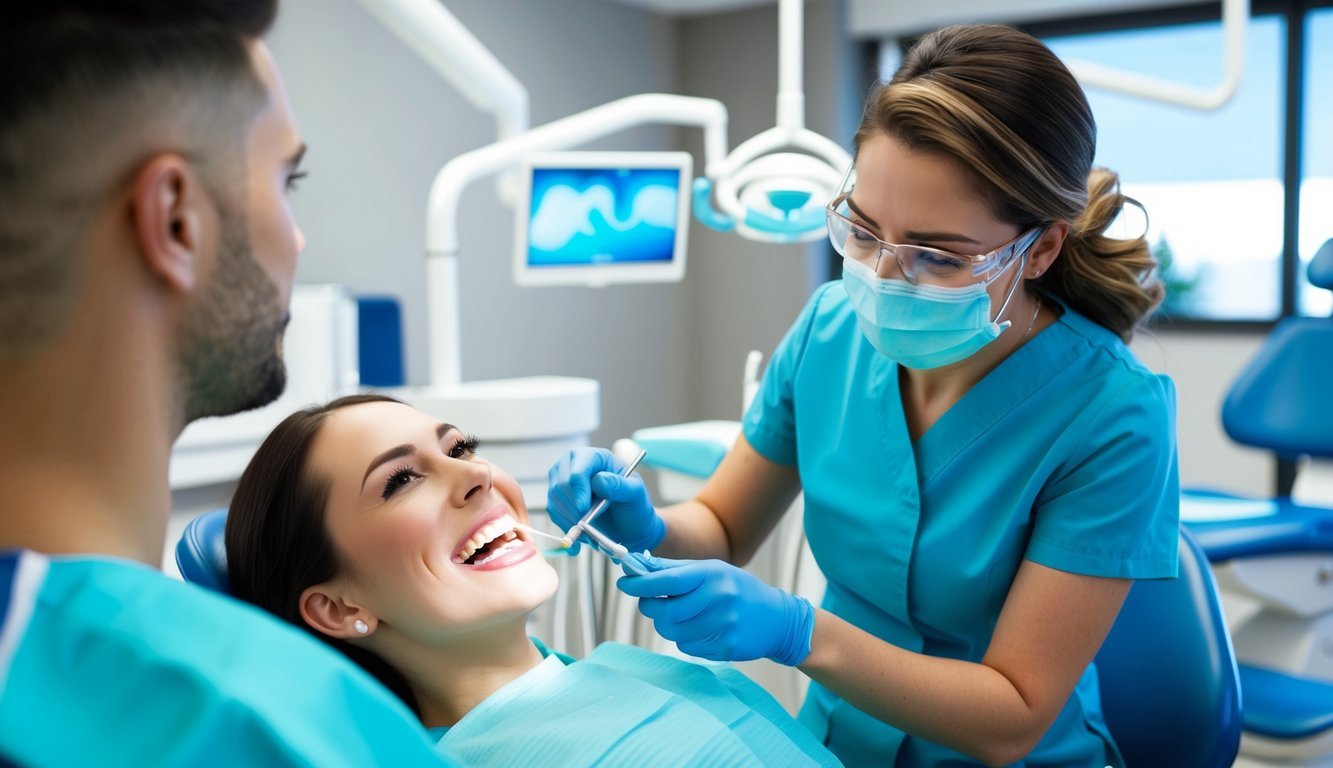 A dental hygienist working with patients, cleaning teeth and providing oral health education in a modern dental office