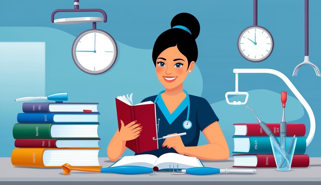 A dental hygienist studying textbooks and dental tools