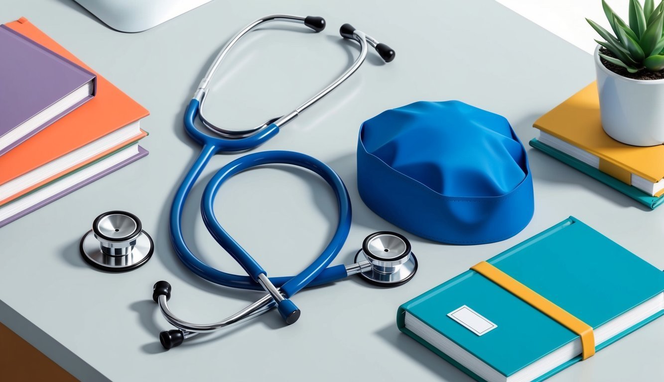Blue stethoscope, cap, and books on a desk, medical tools