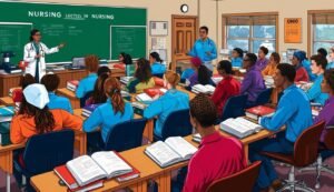 Nursing lecture in a classroom with students and a teacher