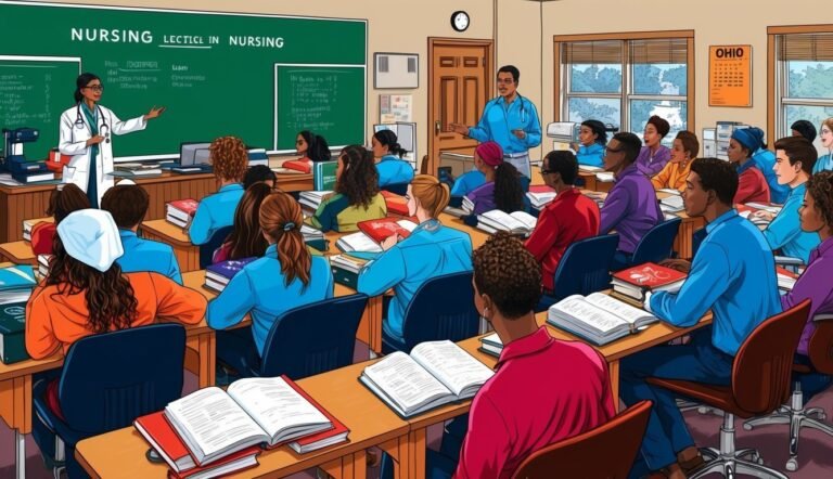 Nursing lecture in a classroom with students and a teacher