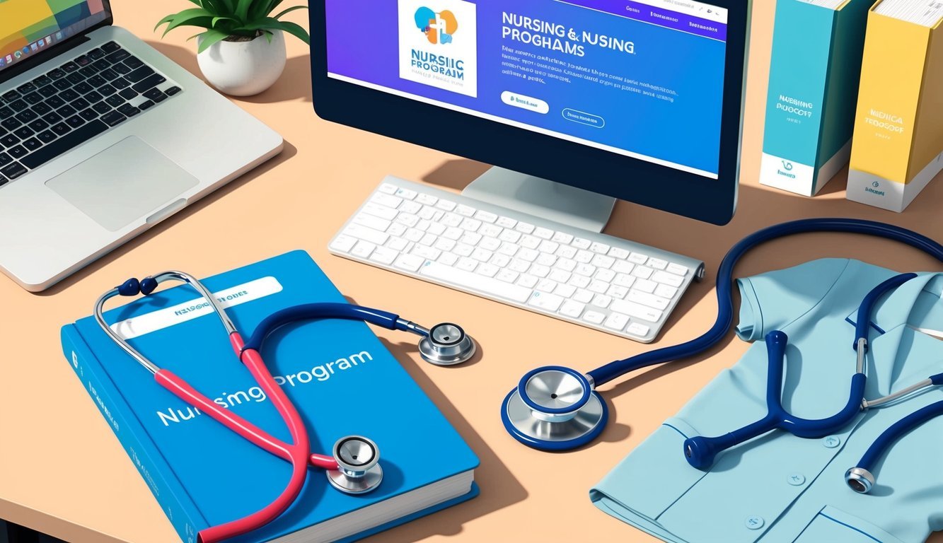 A stethoscope, medical textbooks, and a nursing uniform laid out on a desk.</p><p>A computer displaying a nursing program's website