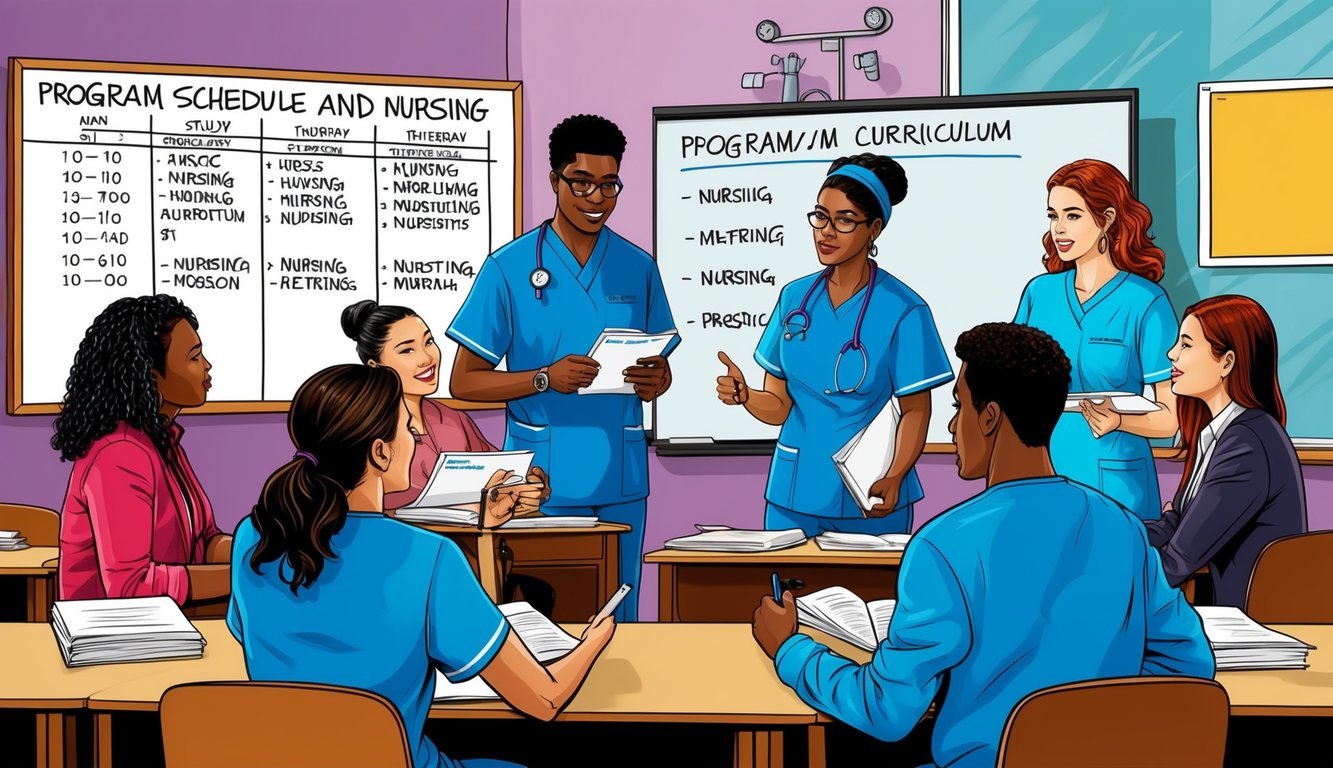 A group of students in a classroom, engaged in discussions and studying materials related to nursing.</p><p>A whiteboard at the front displays the program schedule and curriculum