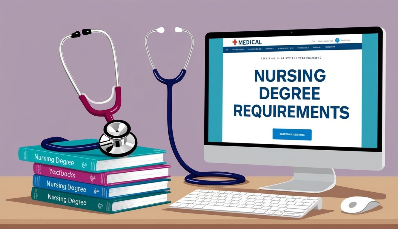 A stethoscope, medical textbooks, and a computer displaying nursing degree requirements