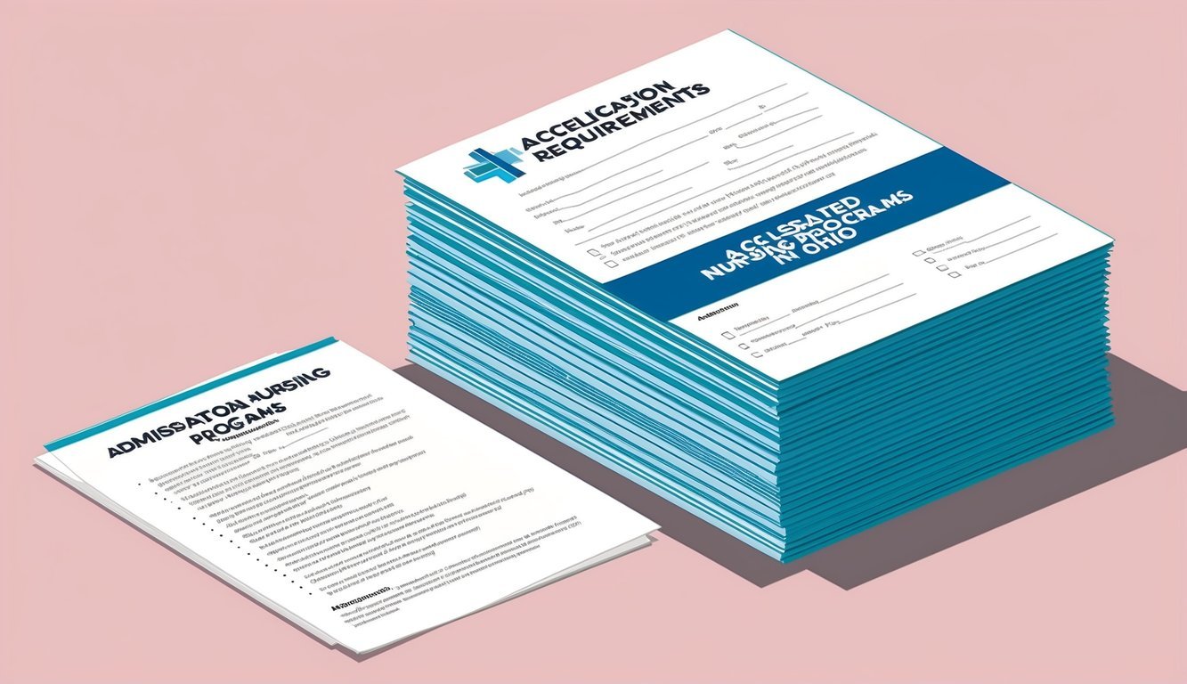 A stack of application forms and a list of admission requirements for accelerated nursing programs in Ohio