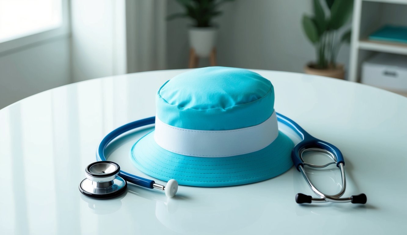 A nurse's hat and stethoscope resting on a clean, white table