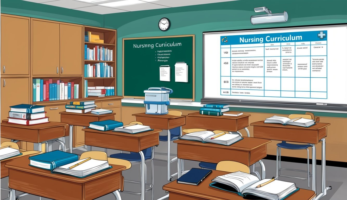 A classroom setting with textbooks, medical equipment, and a whiteboard displaying a nursing curriculum