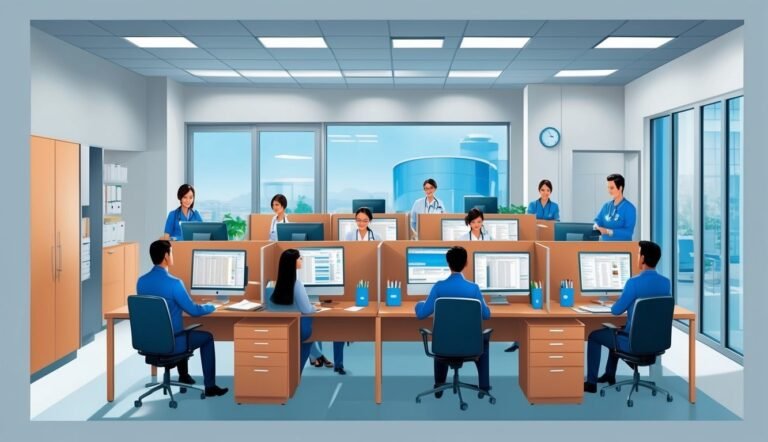 Medical staff working at computers in a modern office setting