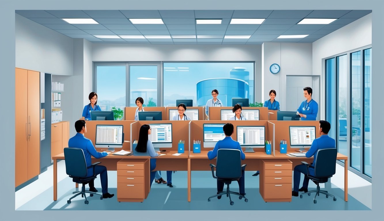 Medical staff working at computers in a modern office setting