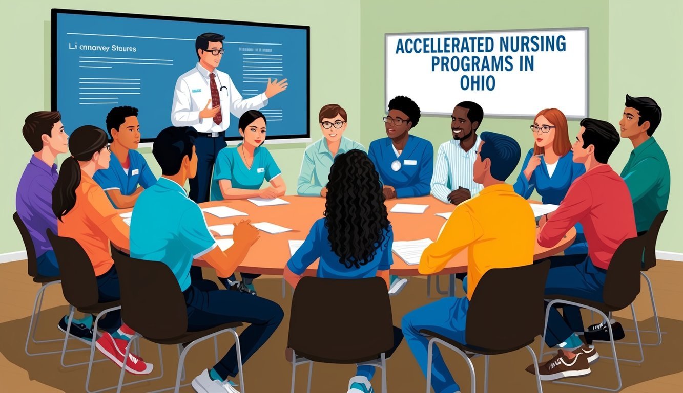A group of students gathered around a table, listening to a lecturer discuss accelerated nursing programs in Ohio