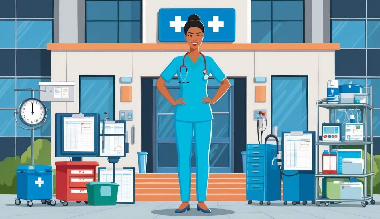 A figure standing confidently in front of a hospital, surrounded by medical equipment and charts