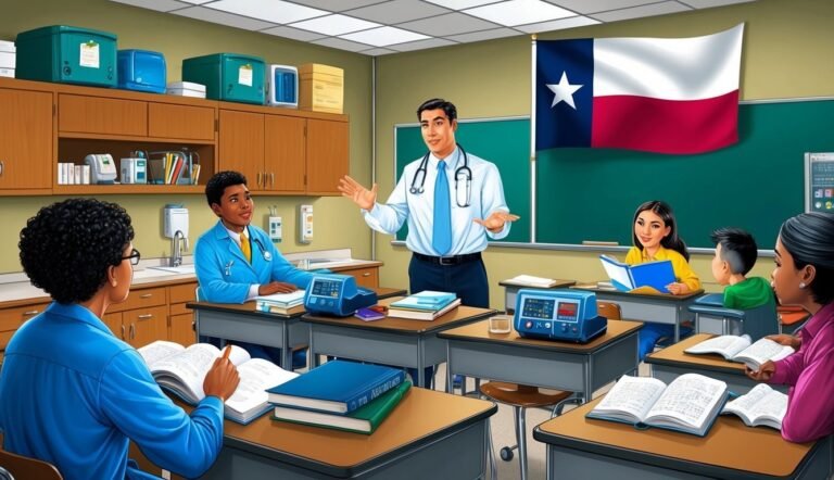 Medical students in a classroom with a Texas flag on the wall