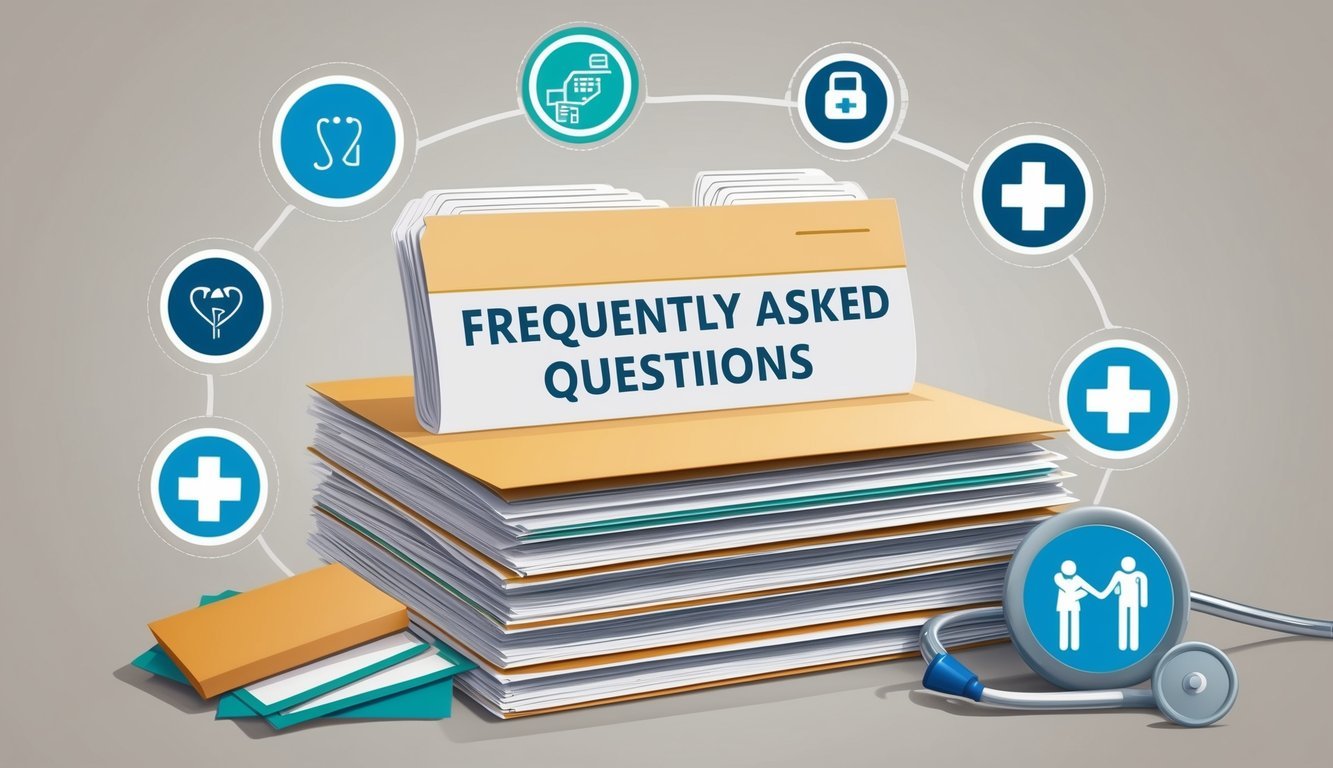 A stack of papers with "Frequently Asked Questions" on top, surrounded by healthcare administration symbols and icons