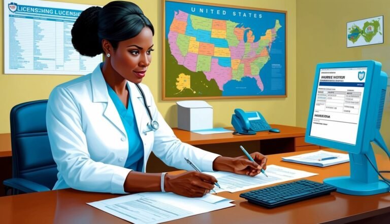 A Black female doctor working at her desk, with a map and computer