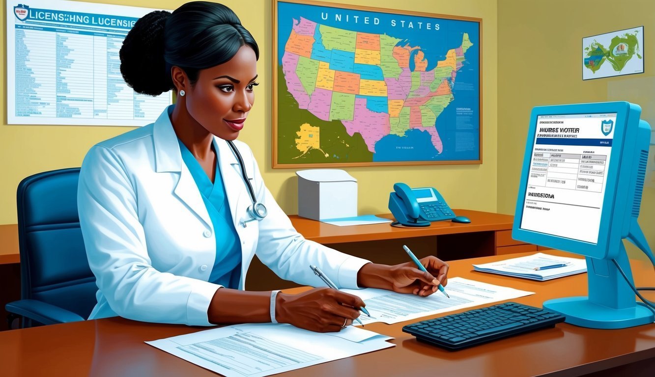 A Black female doctor working at her desk, with a map and computer