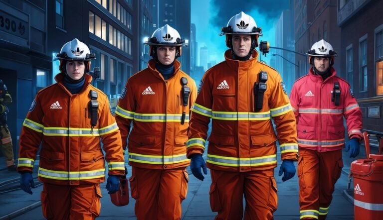 Four firefighters in orange and red uniforms walking down a city street