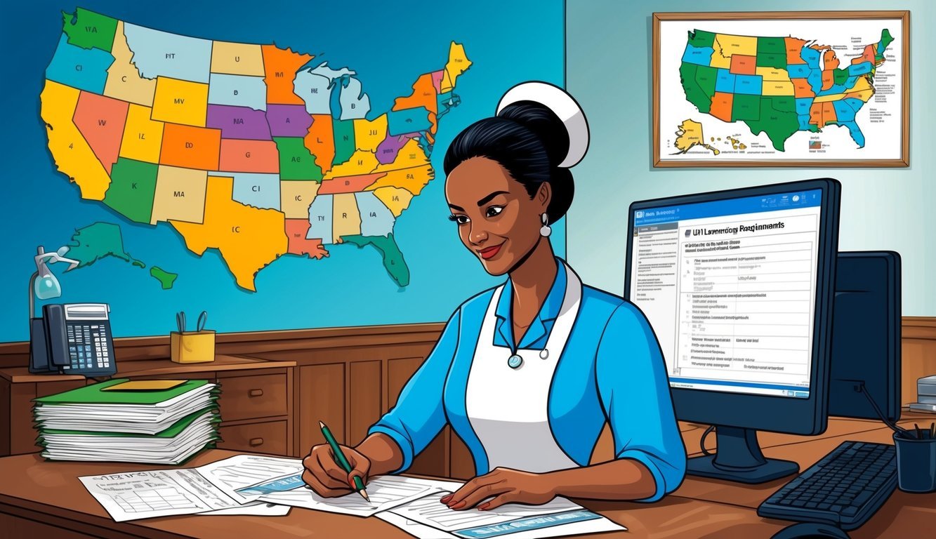 A nurse filling out paperwork at a desk, with a map of the United States on the wall and a computer displaying state licensing requirements