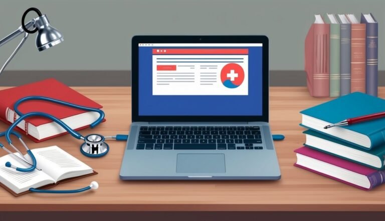 Laptop with medical website, stethoscope, books, and desk lamp