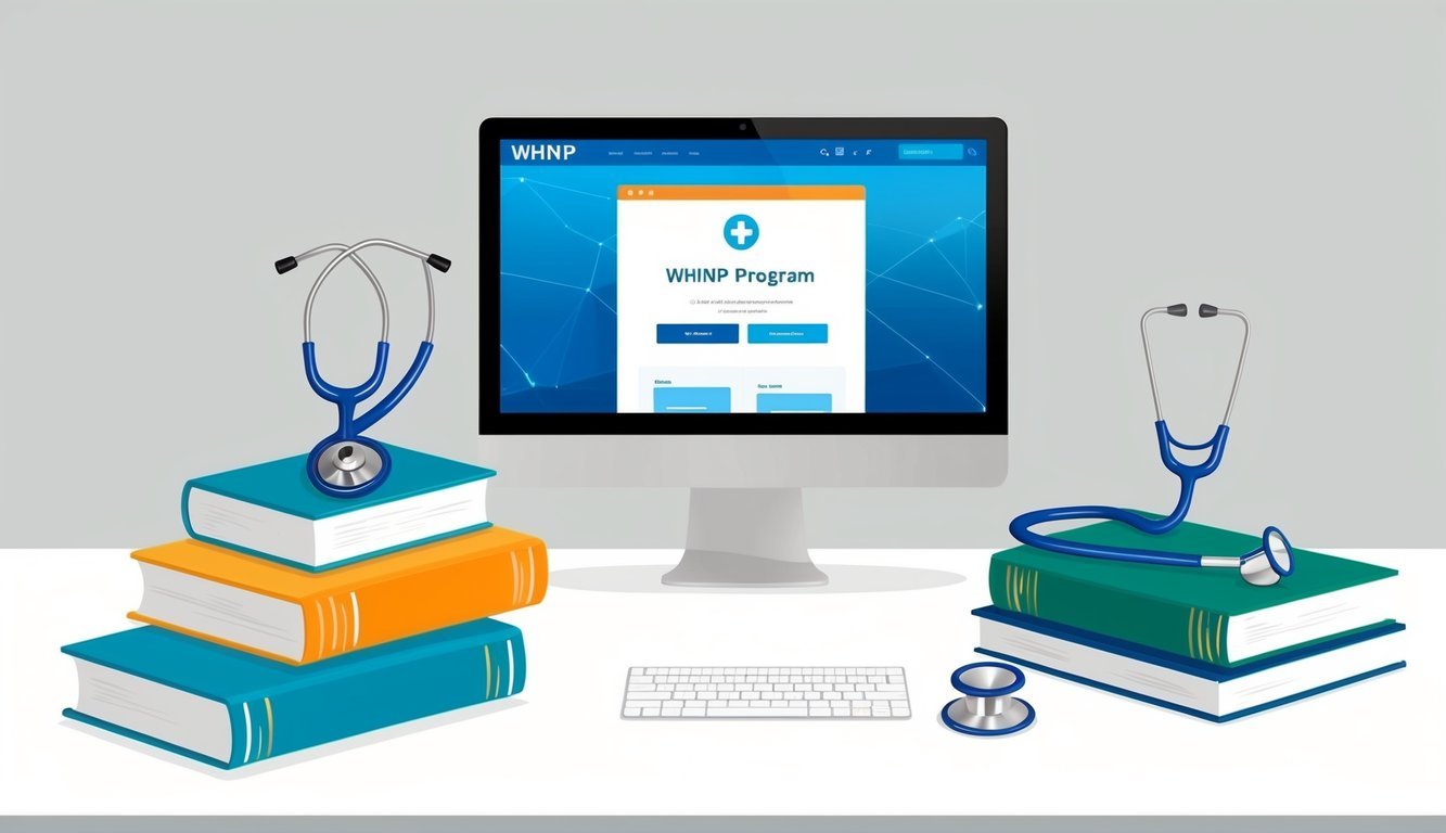 A computer with a WHNP program website open, surrounded by medical books and a stethoscope